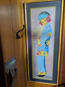 lot 330 image: Asian Figure with Fan Framed Painting in Bamboo Frame