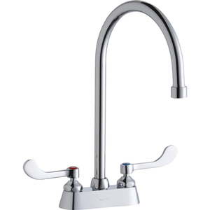 lot 15742 image: Elkay LK406GN08T4 Elkay 4  Centerset with Exposed Deck Faucet with 8  Gooseneck Spout 4  Wristblade Handles Chrome