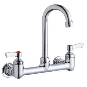 lot 15768 image: Elkay LK940GN04L2H Elkay ScrubHandwash 8  Centerset Wall Mount Faucet with 4  Gooseneck Spout 2  Lever Handles 12in Offset Inlets