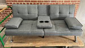 lot 8002 image: Gray Convertible Futon Sofa Bed with Cup Holders and Chrome Legs