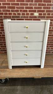 lot 8011 image: White Wood 5-Drawer Chest with Brass Knobs