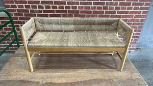 lot 8015 image: Threshold Studio McGee Elden Wood Bench with Woven Back and Loose Cushion Seat