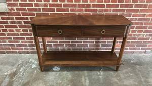 lot 8022 image: Nephi Mid-Century Modern Walnut Console Table with Two Drawers