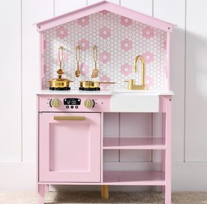 lot 101 image: Pretend Play Wooden Farmhouse Kitchen Set w Storage, 5 Accessories - Retail $89