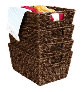 lot 102 image: Set of 4 Seagrass Storage Tote Baskets, Laundry Organizer w Insert Handles - Retail $40