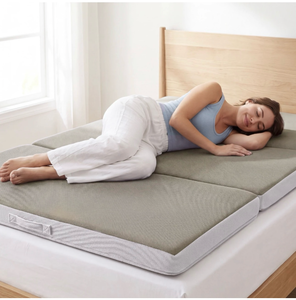 lot 104 image: 4in Portable Mattress Topper, Queen Size Tri-Fold Mattress Pad - Taupe - Retail $150