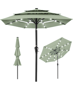 lot 108 image: 3-Tier Solar Patio Umbrella w LED Lights, Tilt Adjustment, Crank - 10ft - Retail $100