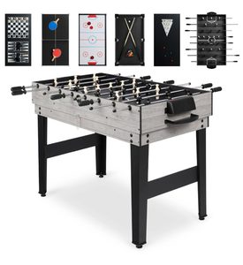 lot 115 image: 10-in-1 Combo Game Table Set w Pool, Foosball, Ping Pong, Chess - 2x4ft, Gray - Retail $170