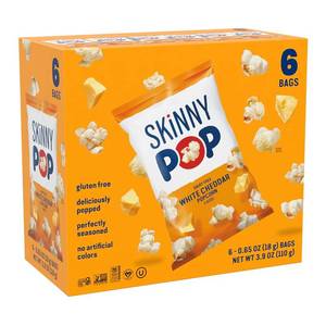 lot 6124 image: SkinnyPop Popcorn, Dairy Free White Cheddar, 0.65oz Snack Size Bags (6ct) BB July 18 2026