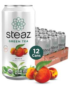 lot 6138 image: Steaz - Organic Green Tea - Peach (12 Pack) - 30mg Natural Caffeine, 70 Calories,Cane Sugar - Sweetened Iced Tea - Regenerative Organic Certified  - Vegan, Direct Trade - 12 Cans, 16 fl oz