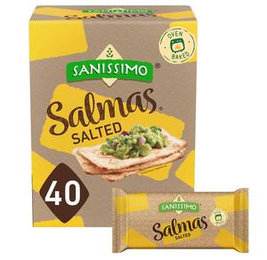 lot 6176 image: Sanissimo Salmas Salted, 40 packs of 3 Crackers, Oven Baked Corn Crackers, Gluten Free, Non GMO, Kosher Certified. BB June 25 2026
