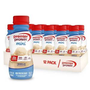 lot 6214 image: Lot of 2- Premier Protein Shake MINIs, Vanilla, 22g Protein, 120 Calories, No Added Sugar, 8.75 fl oz, 12 Pack. 24 Total. BB January 2026
