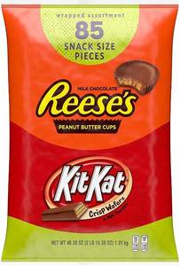 lot 6292 image: REESES and KIT KAT Assorted Milk Chocolate Snack Size Candy, Individually Wrapped, 44.23 oz Bulk Variety Bag (85 Pieces) BB 92022 - Stored in Climate Controlled Office
