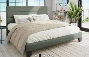 lot 2 image: Platform Bed with Fabric Upholstered Headboard and Wooden Slats, Queen, Green