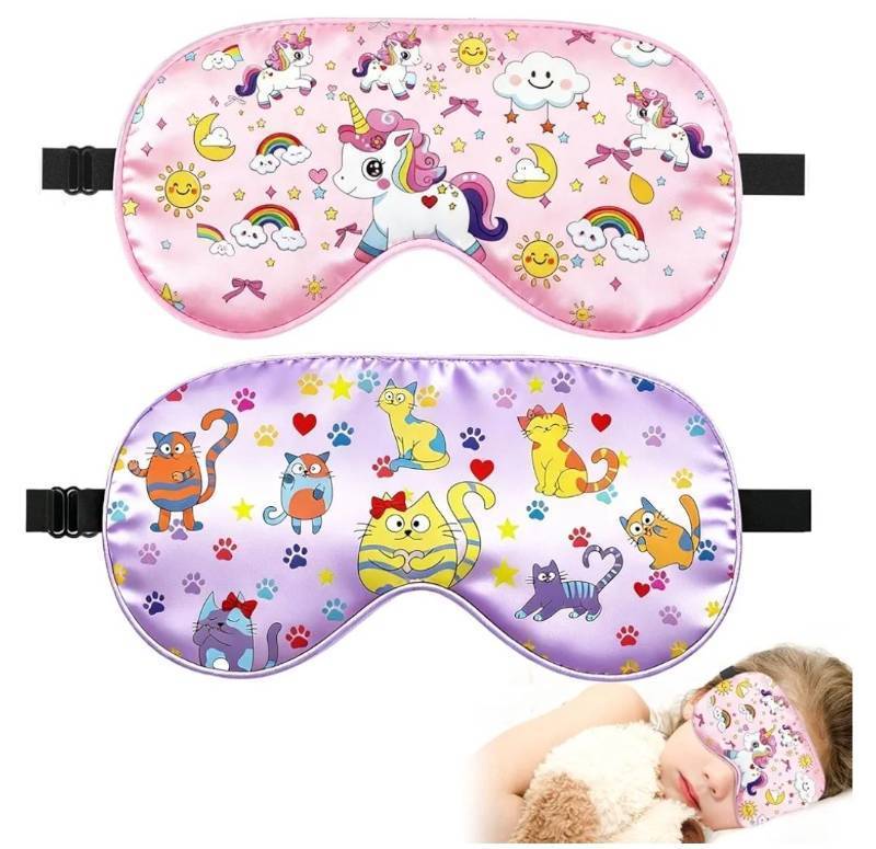 lot 46285 image: 2 Pcs Sleep Mask for Kids Girls, Silk Eye Covers for Sleeping, Adjustable Strap & Light Blocking Design, Childrens Bedtime Blindfold for Travel and Home Use (Rainbow Unicorn) - Retail $7