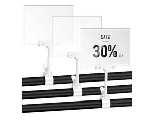 lot 46402 image: 3 Pcs Acrylic Clip on Sign Holder with Clamp 5.5 x 7 Inch Retail Store Signs Displays Double Sides Swivel Signage with PVC Card Clothing Price Hanging Signage for Supermarket Business (One Display has a Damaged Corner) - Retail $20