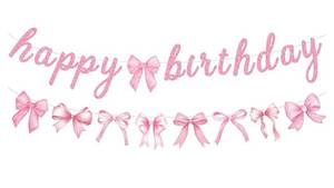 lot 46449 image: Pink Bow Happy Birthday Banner Garland for Girl Pink White Bow Party Decor Coquette Birthday Party Decorations - Retail $10
