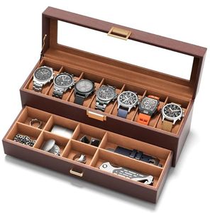 lot 46472 image: Watch Case Box for Men - 7 SLots Watches Storage Organizer Real-Glass Display Case with Jewelry Drawer 2-Layer PU Leather Collection Holder Gift for Loved Ones Brown - Retail $23
