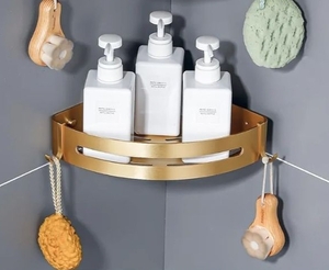 lot 46474 image: Brushed Gold Color 1 Packed Bathroom Shelf Shower Corner Caddy Organizer Shampoo Holder, Adhesive or Drilling - Retail $24