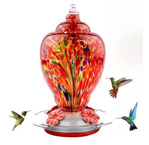 lot 46479 image: Hummingbird Feeder for Outdoors Patio Large 32 Ounces Colorful Hand Blown Glass Hummingbird Feeder with Ant Moat Hanging Hook, Rope, Brush and Service Card (RED-Firework) - Retail $27