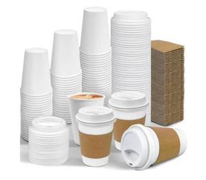 lot 46481 image: Ginkgo 100 Pack 12 oz Leak-Proof Coffee Cups with Lids and Sleeves Disposable To Go Hot Travel Paper Cups, Hot Chocolate, Cocoa, Tea, Coffee Bar Accessories - Retail $18