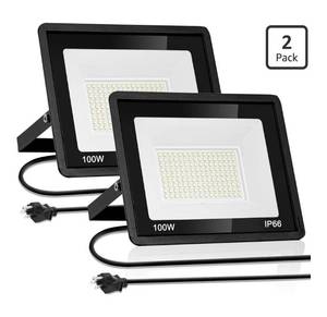 lot 46490 image: 100W LED Outdoor Flood Light 2-Pack IP66 Waterproof Security Light with Plug Super Bright 6000K Daylight White Flood Lights Outdoor Linght for Arage, Yard, Garden, Stadium, Playground, - Retail $26