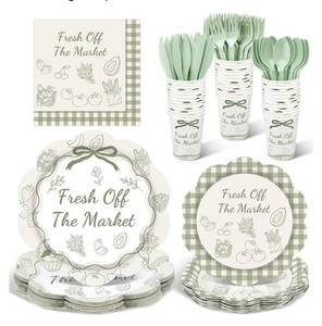 lot 46492 image: 175 Pcs Fresh Off the Market Bridal Shower Decorations Disposable Tableware Set Farmers Floral Theme Paper Plates Napkins Cups Forks Bachelorette Party Supplies Serves 25 - Retail $27