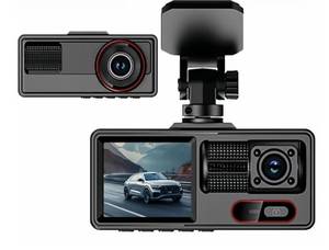 lot 46496 image: 3-Channel Dash Cam, FHD 1080P Triple Lens Car Camera with WiFi, Front Interior Rear 3-Way Recording, Loop Recording, Parking Monitor, with Rear Camera - Retail $50