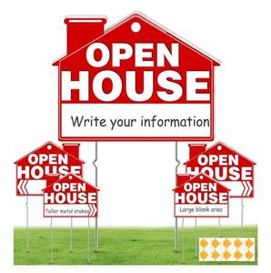 lot 46499 image: Open House Signs for Real Estate, 5 Packs 17 x 13 Large Double Sided Yard Signs with Metal Stakes Weather Proof Open House Sign with Directional Arrows for Real Estate Agent Property Sale - Retail $20