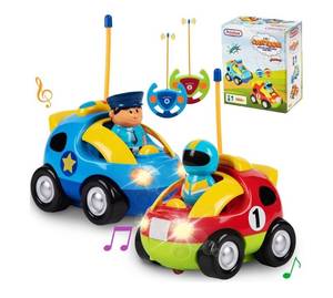 lot 46505 image: 2 Pack Cartoon Remote Control Cars for Toddlers - Police Car and Race Car with Steering Wheel Controllers and Lights - Different Frequencies Racing Together - Easter Toddler Gift  - Retail $30