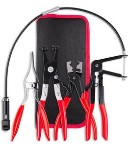 lot 46517 image: 4PCS Hose Clamp Pliers Kit, Long Reach Wire Spring Plier, Hose Remover and Flat Band Pliers for Water Hose and Automotive Radiator Heater, Fuel, Coolant, Oil Removal with Bag - Retail $23