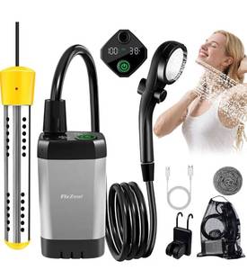 lot 46523 image: Portable Shower With Heater, Portable Shower For Camping With 2000W Auto-Off Heater,4 Spray Modes, Lasting 140 mins, LED Display, Portable Shower Pump, Outdoor Shower For Camping, Hiking, Travel, Car, Pet - Retail $50