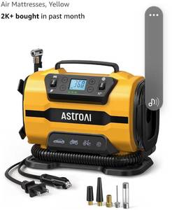 lot 46525 image: AstroAI Tire Inflator Portable Air Compressor Pump 150PSI 12V DC110V AC with Dual Metal Motors&LED Light, Automotive Car Accessories&Two Modes for Car, Bicycle Tires and Air Mattresses, Yellow - Retail $65