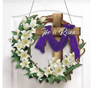 lot 46527 image: Easter He Is Risen Wreath for Front Door Decor Religious Easter Decoration Wooden He Is Risen Spring Wreath Cross Door Sign Hanging Sign Christian Jesus Decor for Outdoor Wall Party Supplies - Retail $25