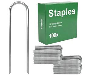lot 46531 image: Garden Staples 6 Inch Galvanized 100 Pack Round-Top Drip Hose Stakes Irrigation Hooks Heavy Duty 11 Gauge Lawn U Pins Sod Nails for Landscape Fabric, Soaker Hose, Chicken Wire, Dog Fence - Retail $26