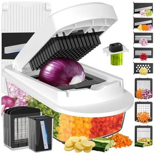 lot 46533 image: 8 Blade All-in-1 Vegetable Chopper Mandoline Slicer with Container, Food Chopper, Onion Chopper, Veggie Cutter for Salad, Kitchen Gadgets Accessories Essentials, White - Retail $16