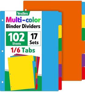 lot 46537 image: 102 Pcs Colored Binder Dividers with Tabs, 16 Cut Tabs, Dividers for 3 Ring Binder, Blank Write On Binder Dividers in 6 Tab Sets, Letter Size, 102 Dividers, 17 Sets, Multicolor - Retail $19