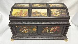 lot 114 image: Decorative Plastic Jewelry Chest Music Box with Landscape and Floral Panels