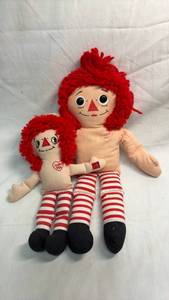 lot 142 image: Raggedy Ann Cloth Dolls Set of Two with Red Yarn Hair and I Love You Hearts