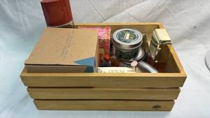 lot 173 image: YSL Opium Perfume & Avon Comfort Candle Gift Set in Wooden Crate