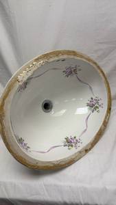 lot 184 image: Oval Porcelain Undermount Bathroom Sink with Floral Violet Design