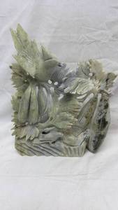 lot 202 image: Hand-Carved Jade Stone Birds and Foliage Sculpture