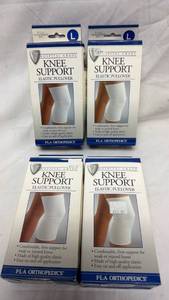 lot 220 image: FLA Orthopedics Hospital Grade Elastic Pullover Knee Support - Lot of 4 (S, L, XL)