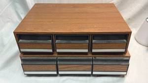 lot 242 image: Wood Grain Cassette Tape Storage Cabinet Set of 2