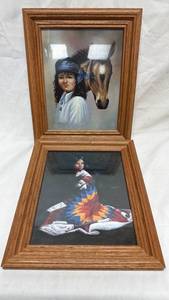 lot 256 image: J. Garcia Signed Framed Paintings Set of 2 - Girl with Horse & Native Girl with Quilt