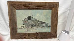 lot 27 image: Signed Winter Barn Scene Oil Painting with Rustic Wood Frame
