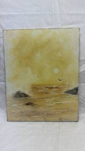 lot 29 image: Seascape Oil Painting on Canvas with Seagulls and Rocky Shore