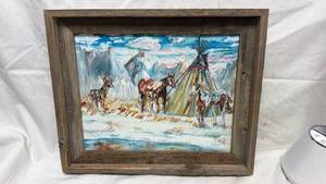 lot 32 image: K. Jensen 2014 Signed Western Landscape Oil Painting - Teepee, Horses & Deer in Snow