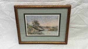 lot 39 image: Framed Riverside Landscape Print with Gold Wood Frame