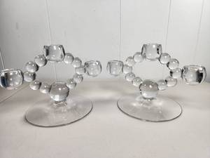 lot 92 image: Clear Glass Bubble Candelabra Candleholders - Set of 2